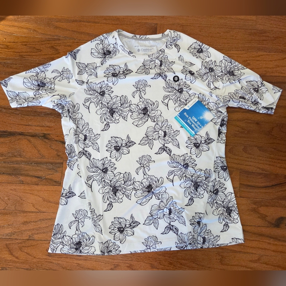 Coolibar White Short Sleeve UV Protection Tee with Black Floral Print